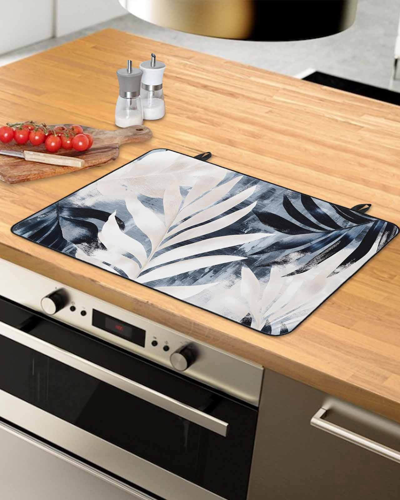 nqOlkjepod Large Induction Cooktop Protector Mat 24"x21", Vintage Navy Blue Botanical Stove Top Covers for Electric Stove, Modernism Tropical Leaves Stove Burner Cover Mats, Glass Top Stove Cover