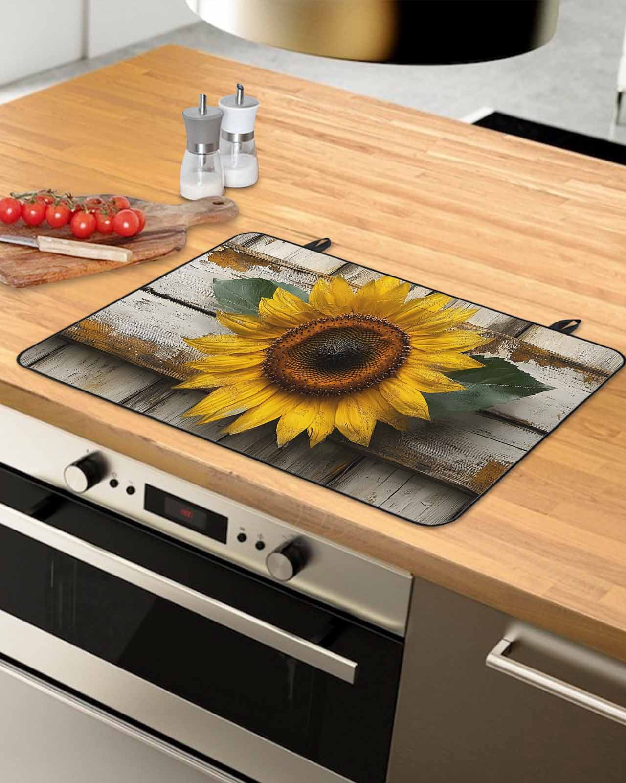 nqOlkjepod Large Induction Cooktop Protector Mat 24"x21", Vintage Sunflower Stove Top Covers for Electric Stove, Farmhouse Retro Wooden Floral Stove Burner Cover Mats, Glass Top Stove Cover