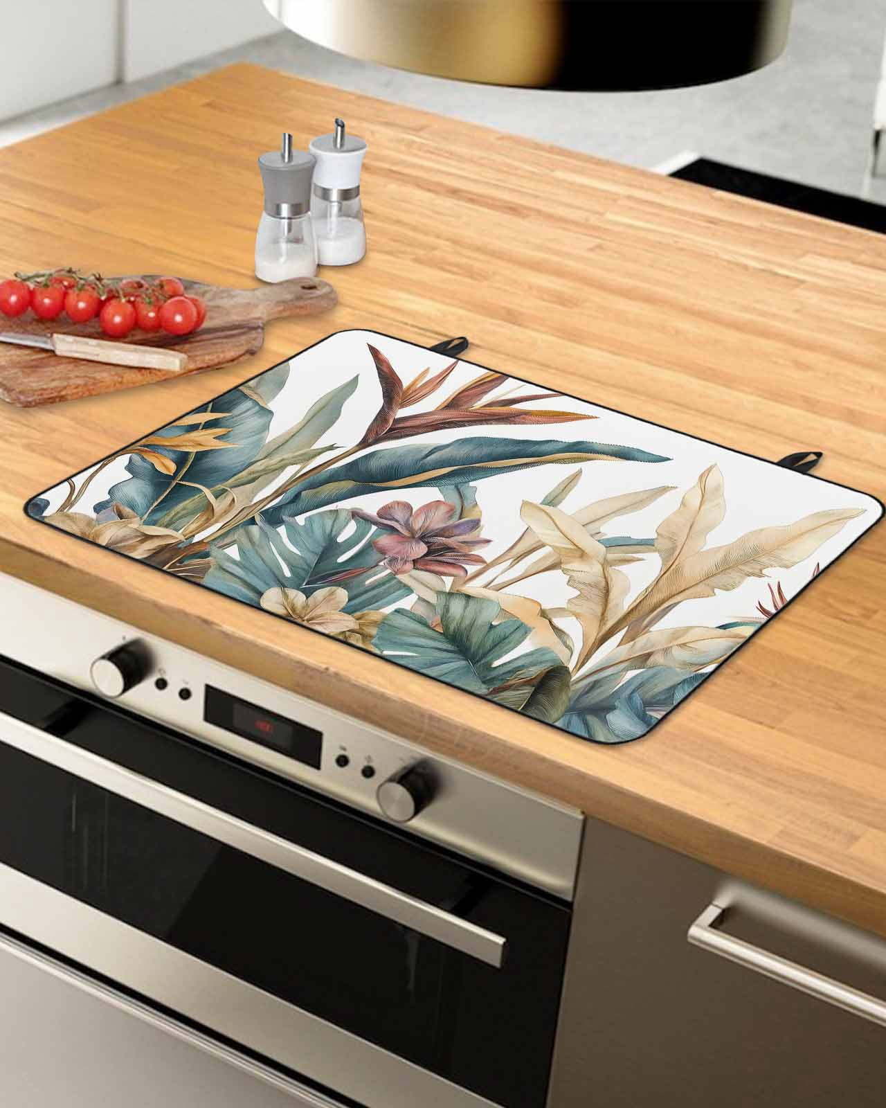 nqOlkjepod Large Induction Cooktop Protector Mat 24"x21", Vintage Tropical Leaves Stove Top Covers for Electric Stove, Summer Rustic Floral Decorative Stove Burner Cover Mats, Glass Top Stove Cover