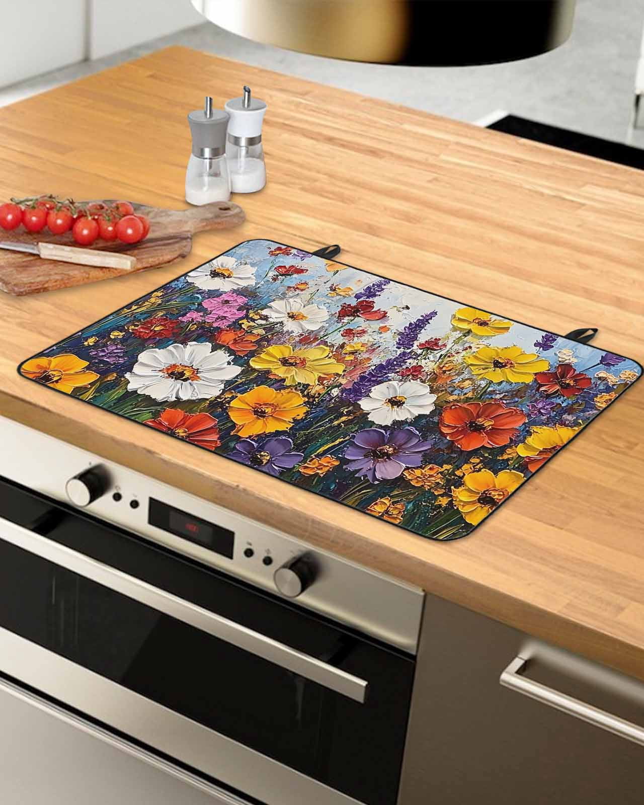 nqOlkjepod Large Induction Cooktop Protector Mat 24"x21", Vintage Wildflowers Stove Top Covers for Electric Stove, Oil Painted Abstract Botanical Stove Burner Cover Mats, Glass Top Stove Cover