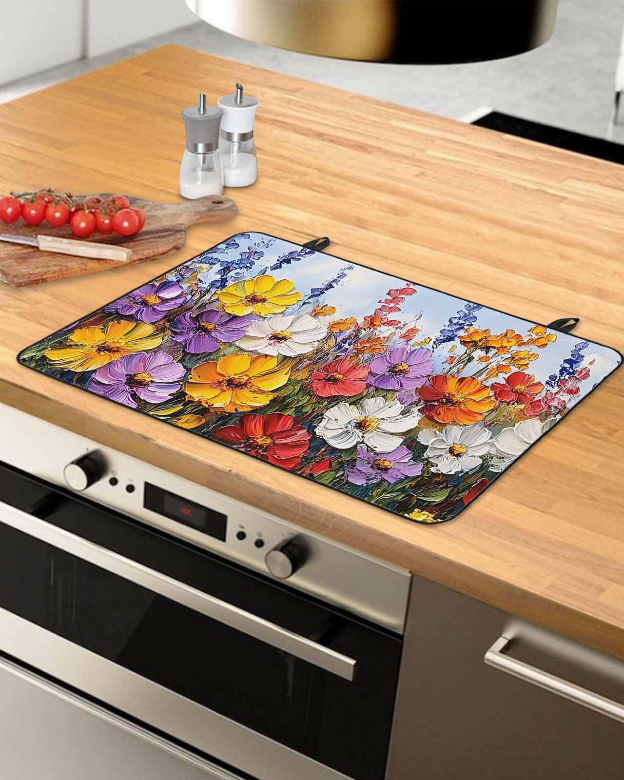nqOlkjepod Large Induction Cooktop Protector Mat 24"x21", Vintage Wildflowers Stove Top Covers for Electric Stove, Rustic Oil Painted Abstract Botanical Stove Burner Cover Mats Stove Cover