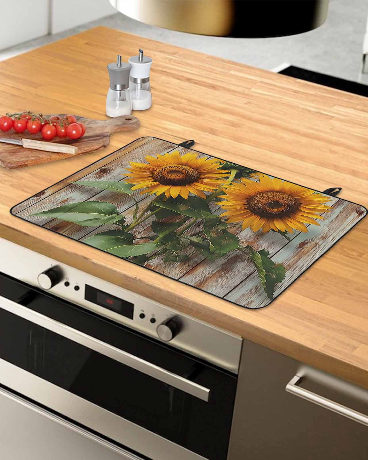 nqOlkjepod Large Induction Cooktop Protector Mat 24"x21", Vintage Wood Sunflower Stove Top Covers for Electric Stove, Farmhouse Retro Flowers Stove Burner Cover Mats, Glass Top Stove Cover