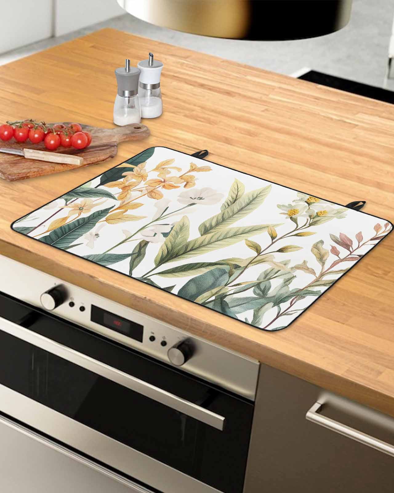 nqOlkjepod Large Induction Cooktop Protector Mat 24"x21", Watercolor Floral Leaves Stove Top Covers for Electric Stove, Farmhouse Tropical Leaf Stove Burner Cover Mats, Glass Top Stove Cover