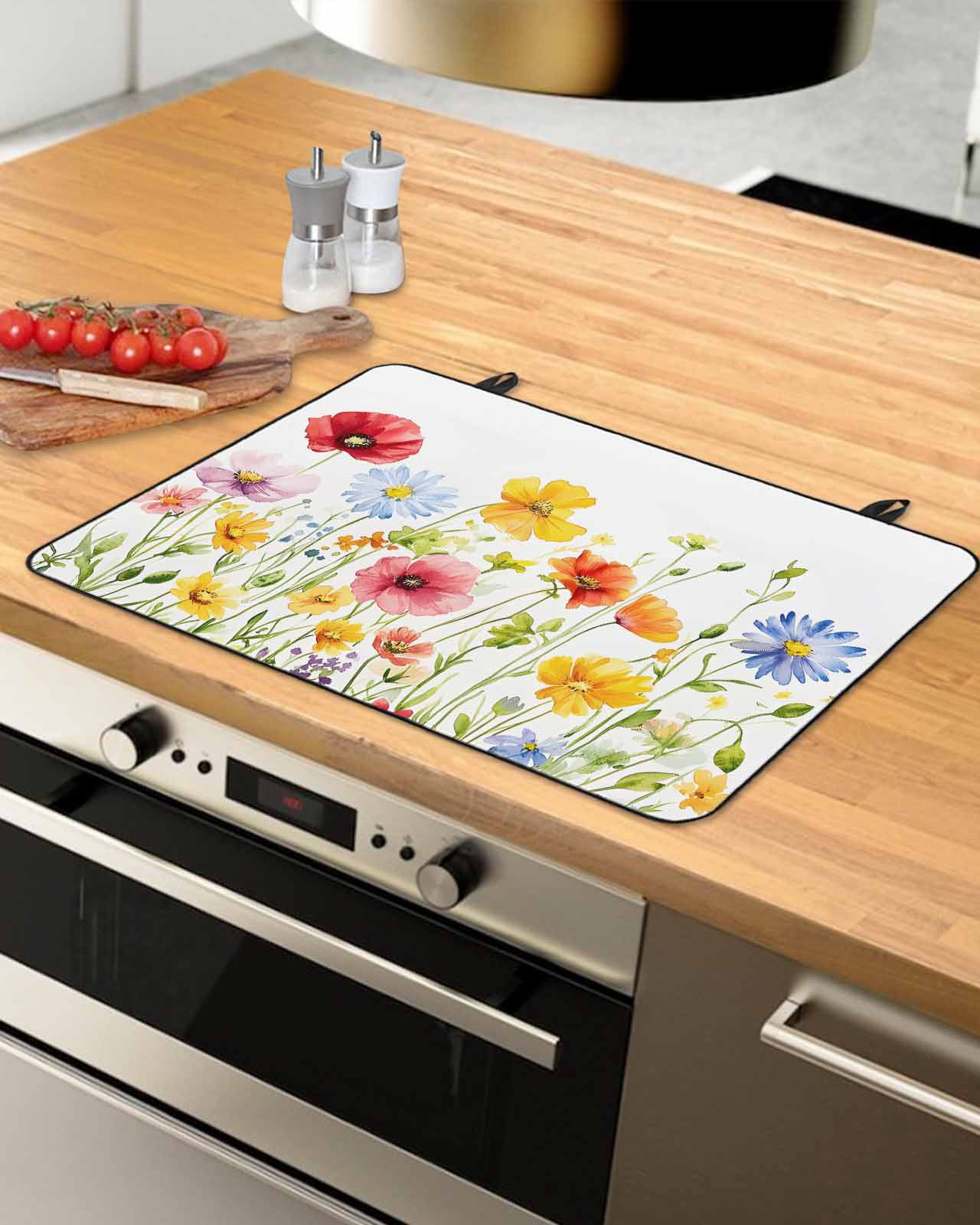 nqOlkjepod Large Induction Cooktop Protector Mat 24"x21", Watercolor Flowers Stove Top Covers for Electric Stove, Daisy Purple Orange Blue Floral Stove Burner Cover Mats, Glass Top Stove Cover
