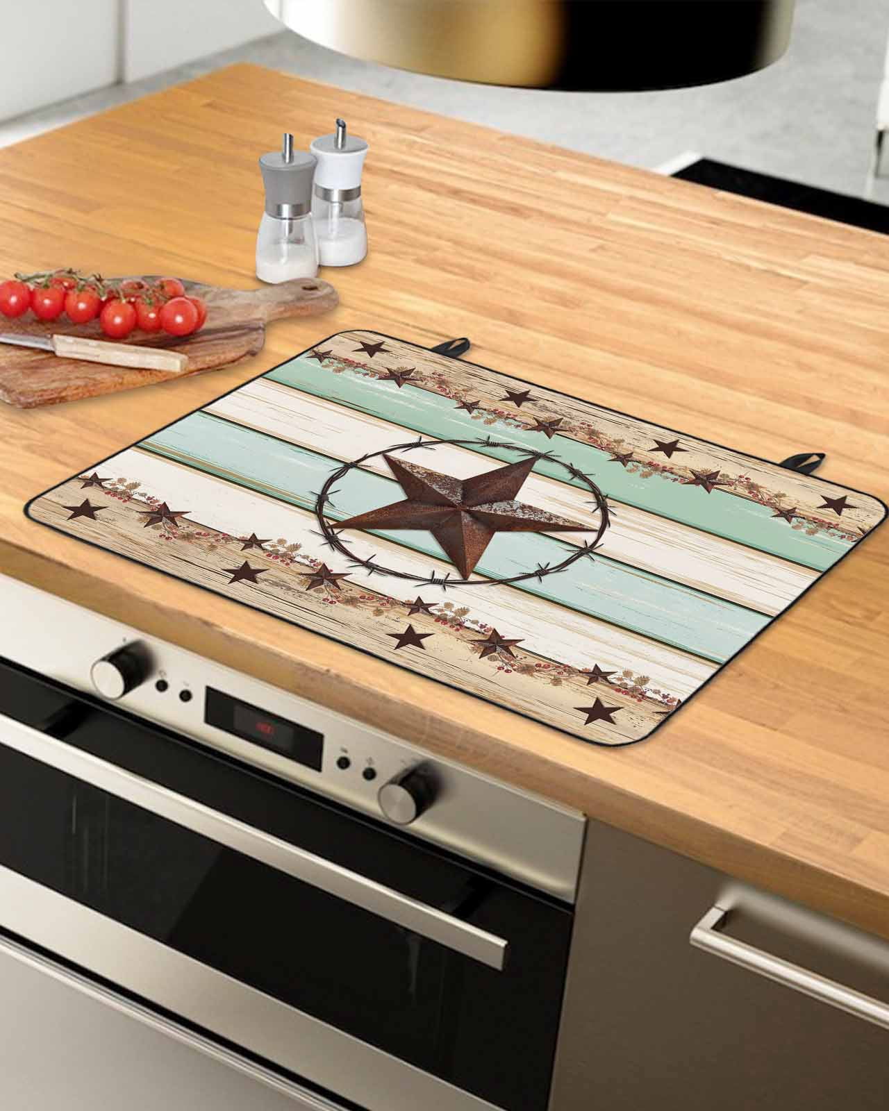 nqOlkjepod Large Induction Cooktop Protector Mat 24"x21", Western Texas Star Green Stove Top Covers for Electric Stove, Farmhouse Brown Country Vintage Stove Burner Cover Mats, Glass Top Stove Cover