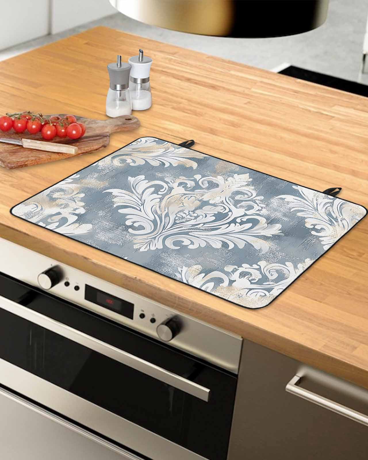 nqOlkjepod Large Induction Cooktop Protector Mat 24"x21", White Beige Floral Stove Top Covers for Electric Stove, Vintage Flower Abstract Art Stove Burner Cover Mats, Glass Top Stove Cover