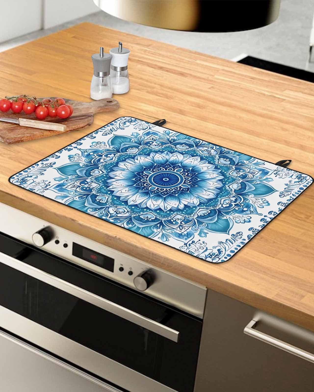 nqOlkjepod Large Induction Cooktop Protector Mat 24"x21", White Blue Boho Stove Top Covers for Electric Stove, Modern Floral Abstract Art Ethnic Tribal Stove Burner Cover Mats, Glass Top Stove Cover
