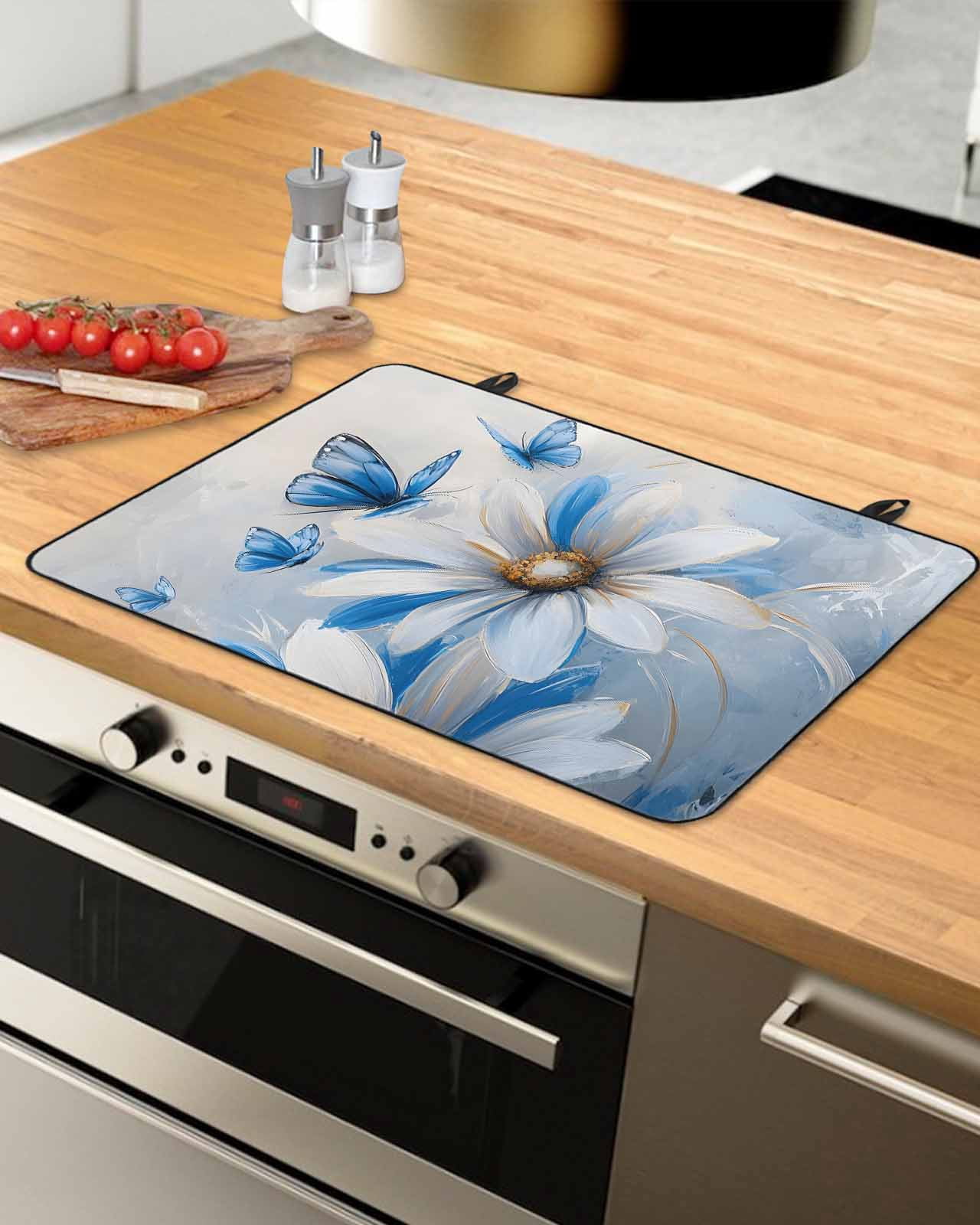 nqOlkjepod Large Induction Cooktop Protector Mat 24"x21", White Blue Flowers Stove Top Covers for Electric Stove, Pastoral Elegant Butterfly Floral Stove Burner Cover Mats, Glass Top Stove Cover