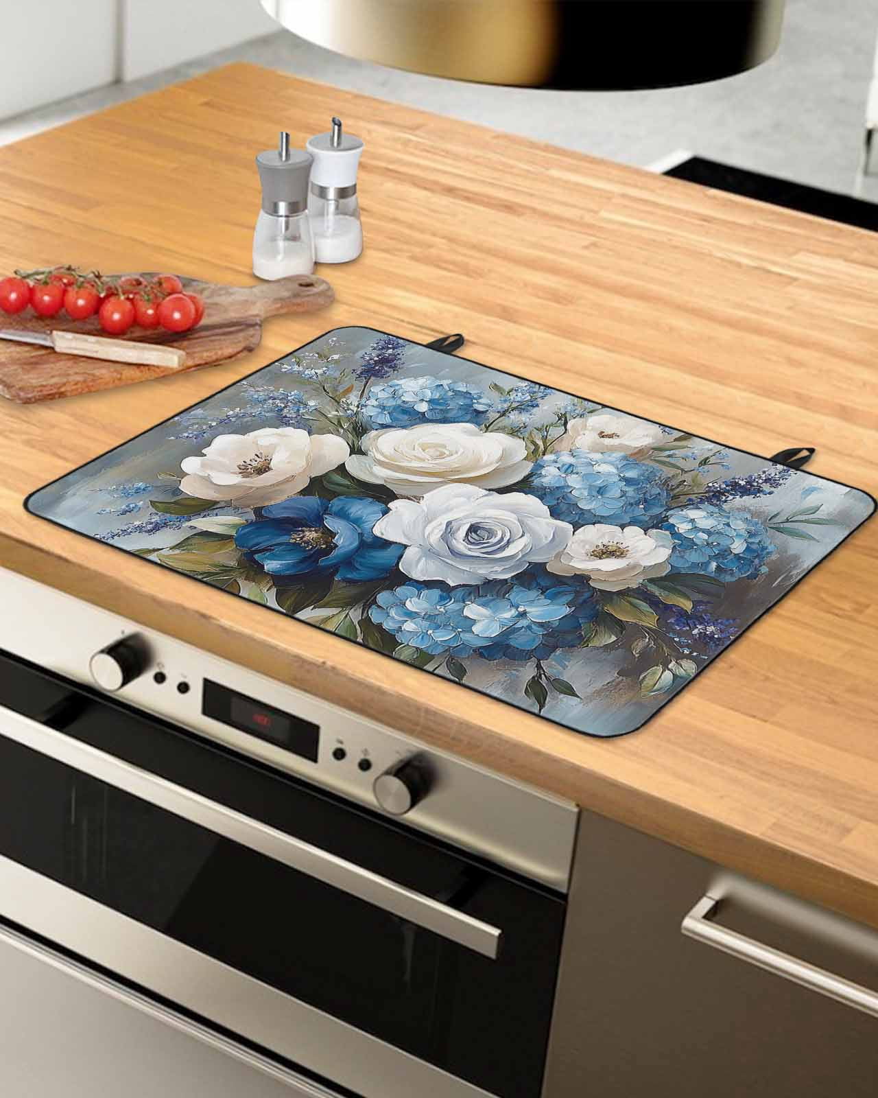 nqOlkjepod Large Induction Cooktop Protector Mat 24"x21", White Blue Spring Floral Stove Top Covers for Electric Stove, Pastoral Flowers Retro Stove Burner Cover Mats, Glass Top Stove Cover