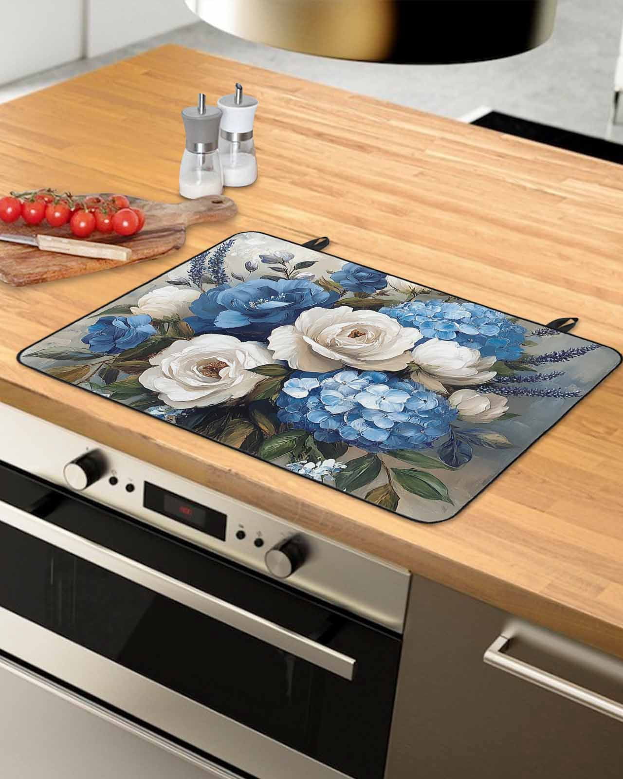 nqOlkjepod Large Induction Cooktop Protector Mat 24"x21", White Blue Spring Floral Stove Top Covers for Electric Stove, Pastoral Flowers Vintage Stove Burner Cover Mats, Glass Top Stove Cover
