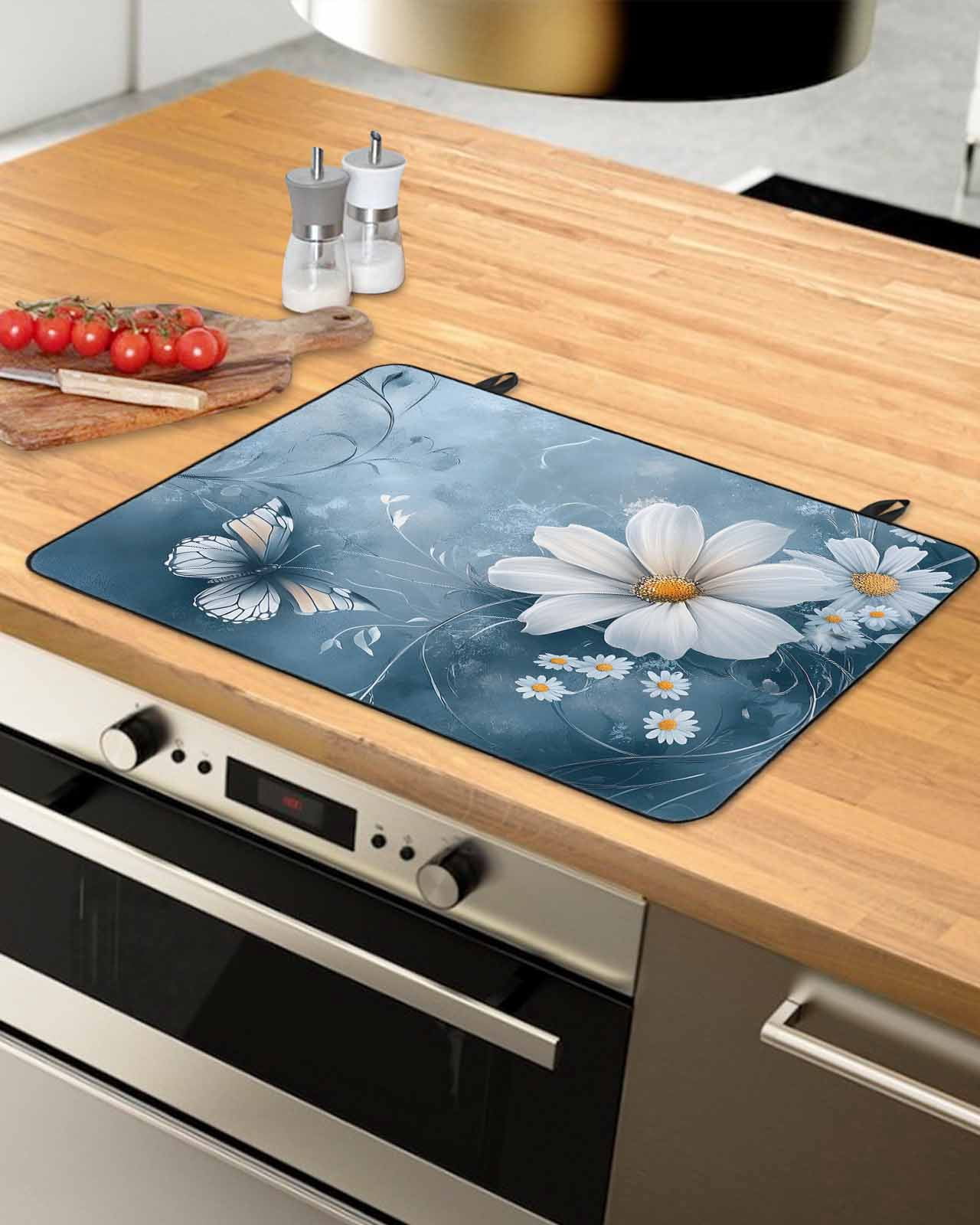nqOlkjepod Large Induction Cooktop Protector Mat 24"x21", White Daisy Floral Stove Top Covers for Electric Stove, Farmhouse Pastoral Botanical Stove Burner Cover Mats, Glass Top Stove Cover