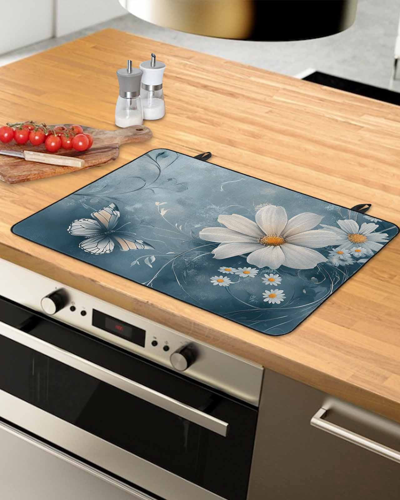 nqOlkjepod Large Induction Cooktop Protector Mat 24"x21", White Daisy Flowers Stove Top Covers for Electric Stove, Pastoral Modern Butterfly Botanical Stove Burner Cover Mats, Glass Top Stove Cover