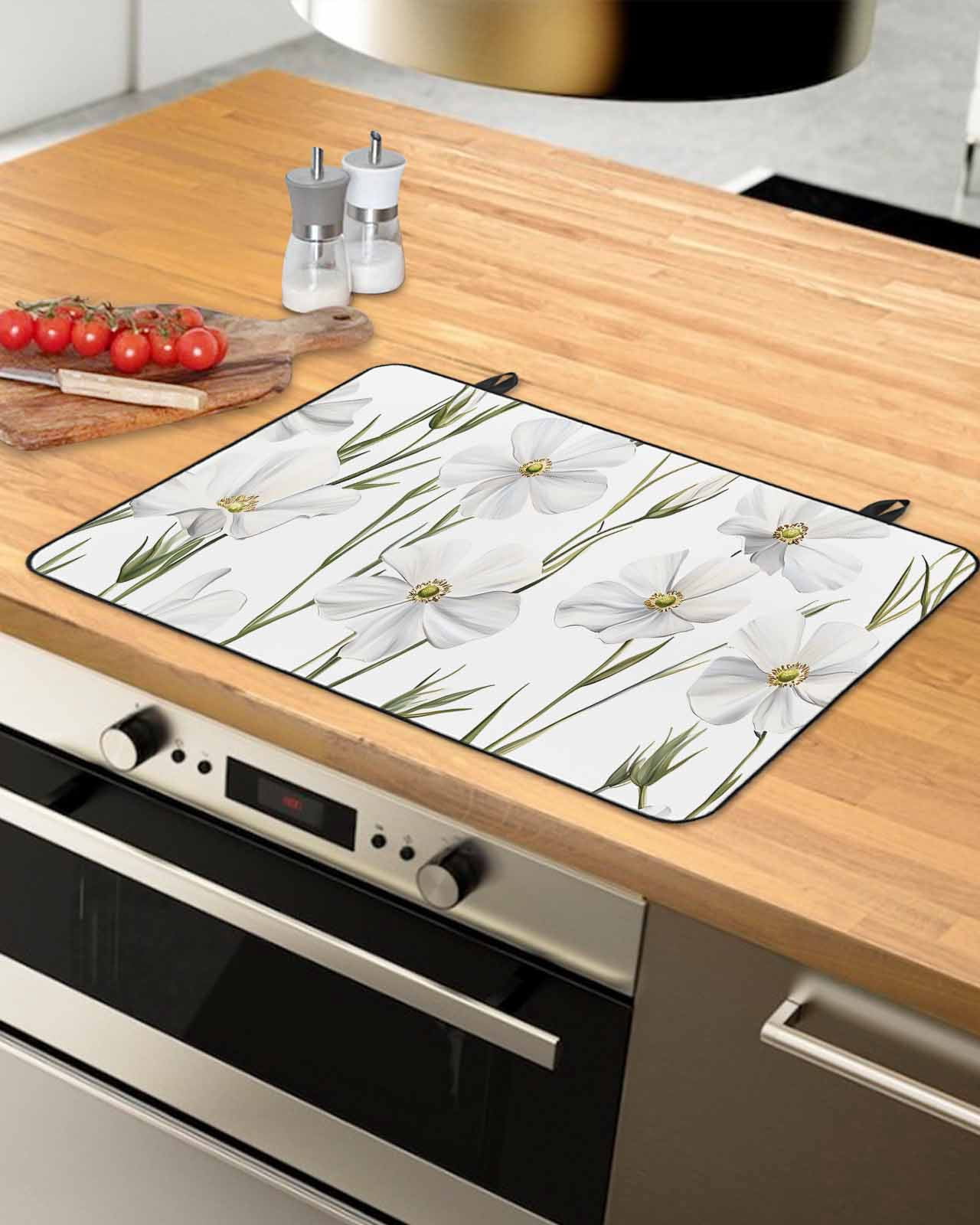 nqOlkjepod Large Induction Cooktop Protector Mat 24"x21", White Floral Stove Top Covers for Electric Stove, Garden Floral Seasonal Botanical Blooms Stove Burner Cover Mats, Glass Top Stove Cover