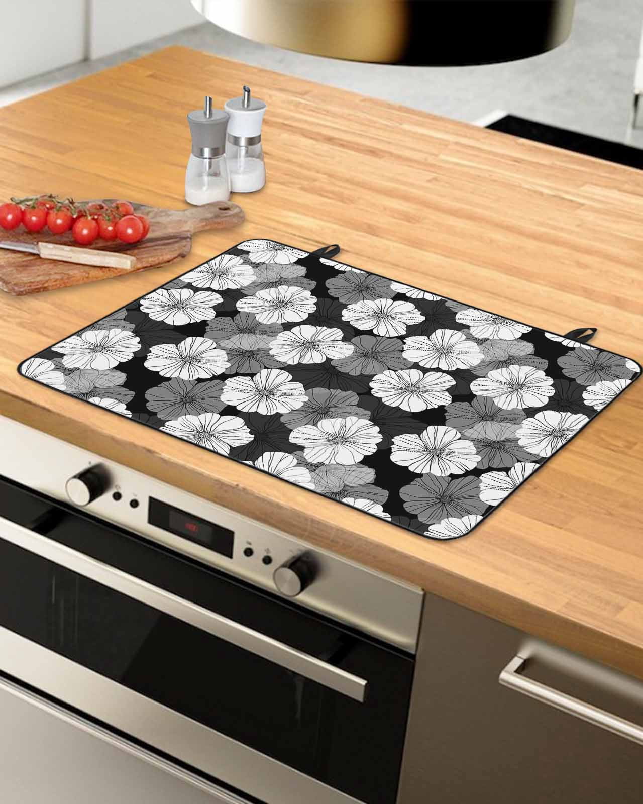 nqOlkjepod Large Induction Cooktop Protector Mat 24"x21", White Floral Stove Top Covers for Electric Stove, Vintage Country Pastoral Flowers Plants Stove Burner Cover Mats, Glass Top Stove Cover