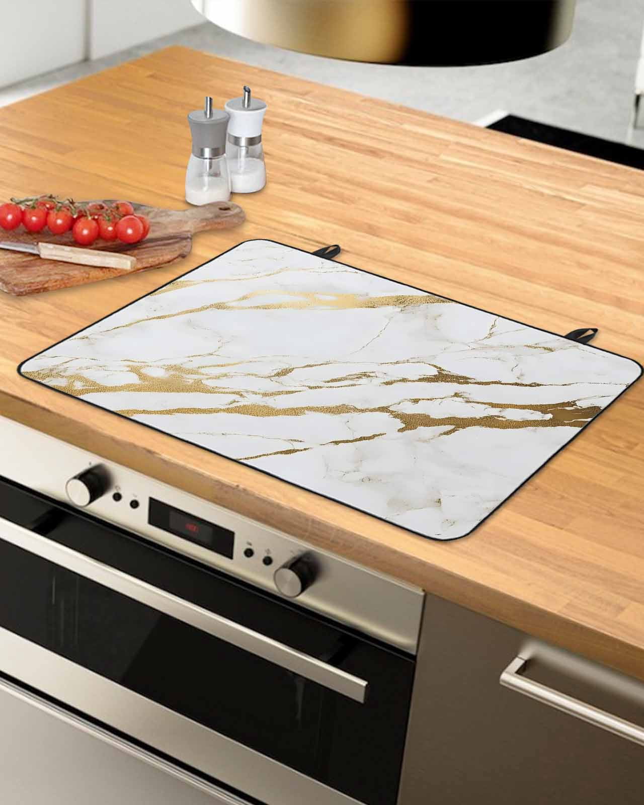 nqOlkjepod Large Induction Cooktop Protector Mat 24"x21", White Gold Modern Stove Top Covers for Electric Stove, Abstract Vintage Marble Geometric Stove Burner Cover Mats, Glass Top Stove Cover