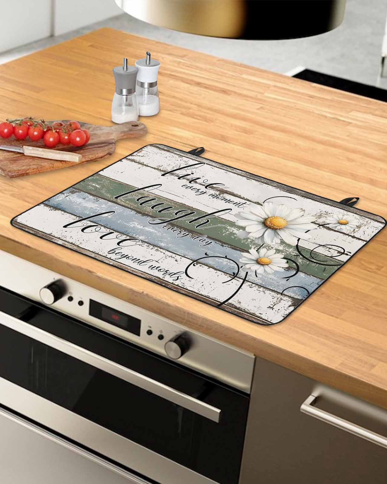 nqOlkjepod Large Induction Cooktop Protector Mat 24"x21", White Green Blue Stove Top Covers for Electric Stove, Vintage Wooden Rustic White Daisy Floral Stove Burner Cover Mats Stove Cover