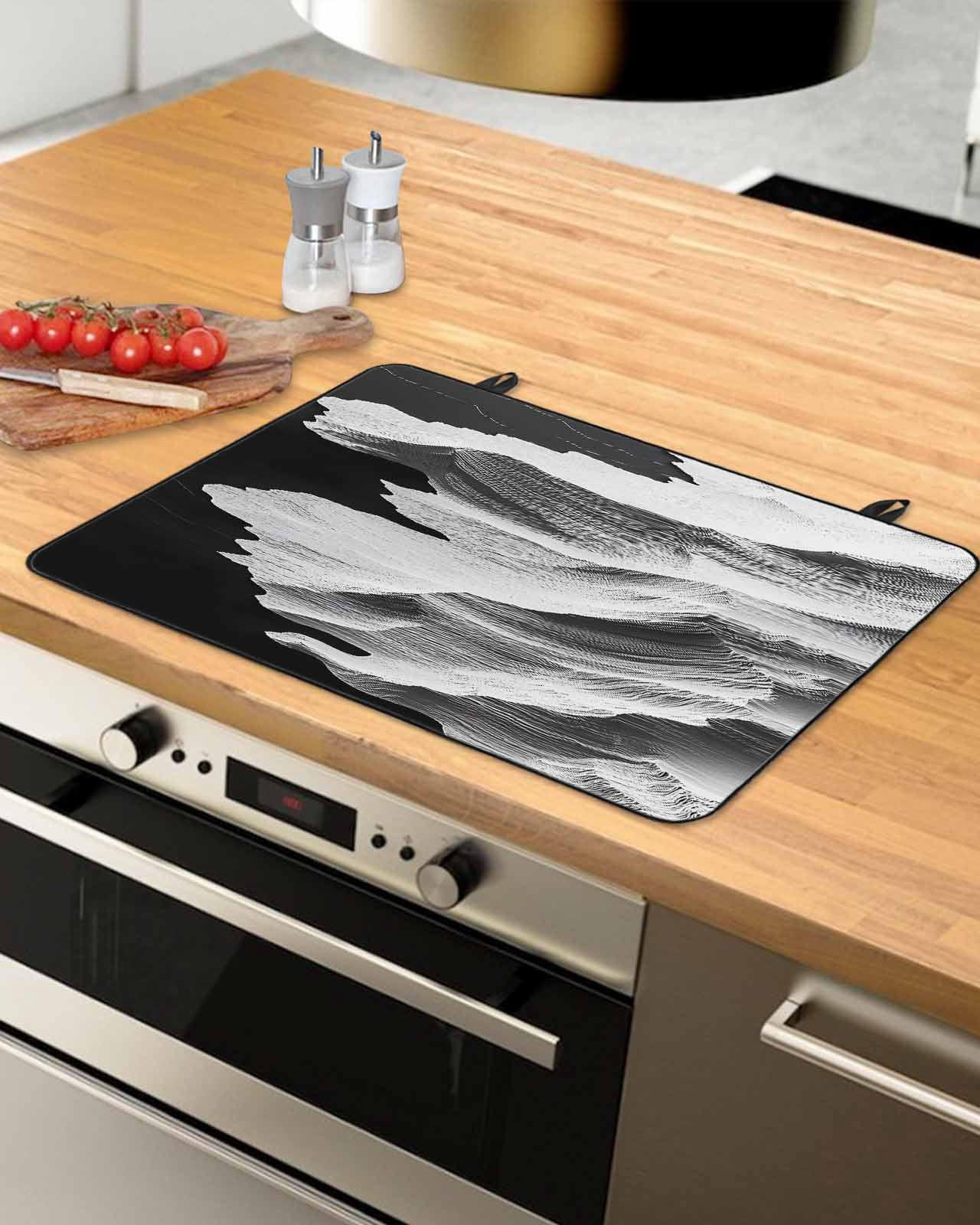 nqOlkjepod Large Induction Cooktop Protector Mat 24"x21", White Ocean Stove Top Covers for Electric Stove, Black Beach Coastal Modern Minimalist Stove Burner Cover Mats, Glass Top Stove Cover