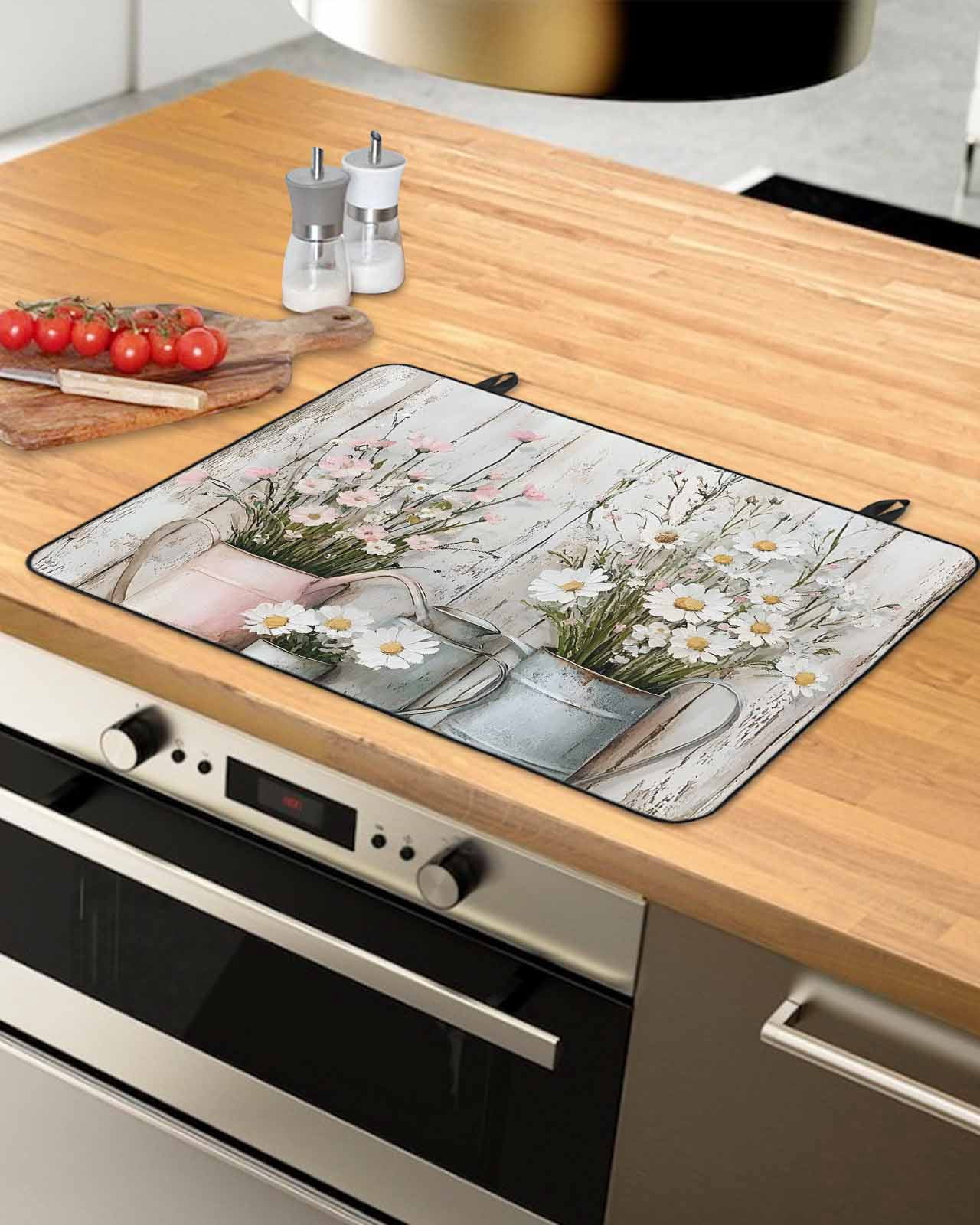 nqOlkjepod Large Induction Cooktop Protector Mat 24"x21", White Pink Floral Stove Top Covers for Electric Stove, Garden Floral Wildflower Wood Grain Stove Burner Cover Mats, Glass Top Stove Cover