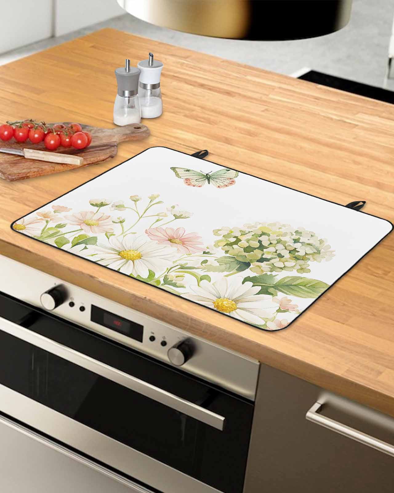 nqOlkjepod Large Induction Cooktop Protector Mat 24"x21", White Spring Floral Stove Top Covers for Electric Stove, Farmhouse Flower Summer Botanical Stove Burner Cover Mats, Glass Top Stove Cover