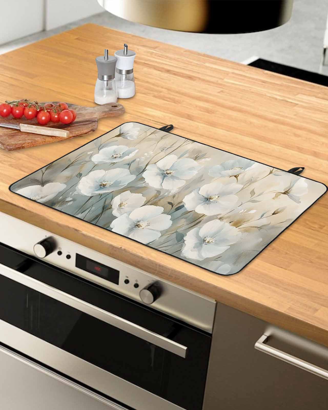 nqOlkjepod Large Induction Cooktop Protector Mat 24"x21", White Spring Floral Stove Top Covers for Electric Stove, Modern Oil Painting Farmhouse Stove Burner Cover Mats, Glass Top Stove Cover
