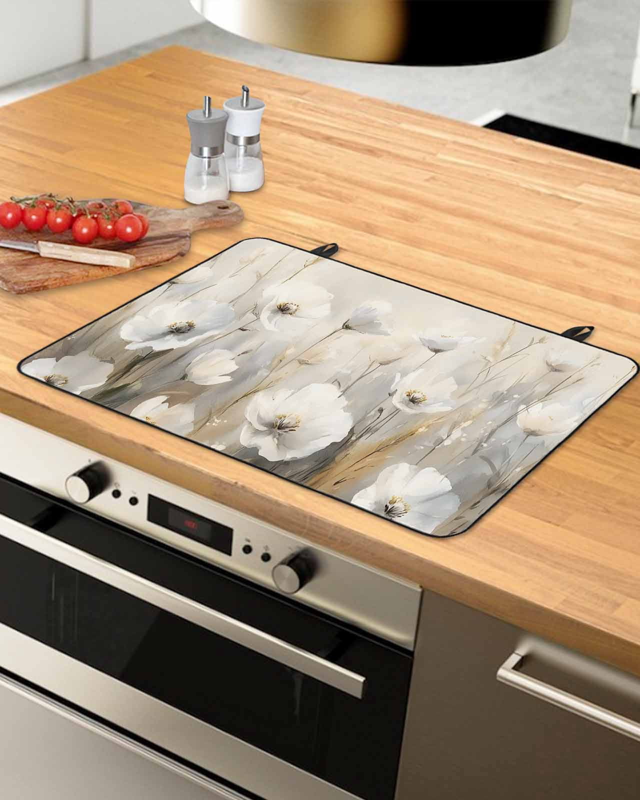 nqOlkjepod Large Induction Cooktop Protector Mat 24"x21", White Spring Floral Stove Top Covers for Electric Stove, Modern Oil Painting Pastoral Stove Burner Cover Mats, Glass Top Stove Cover
