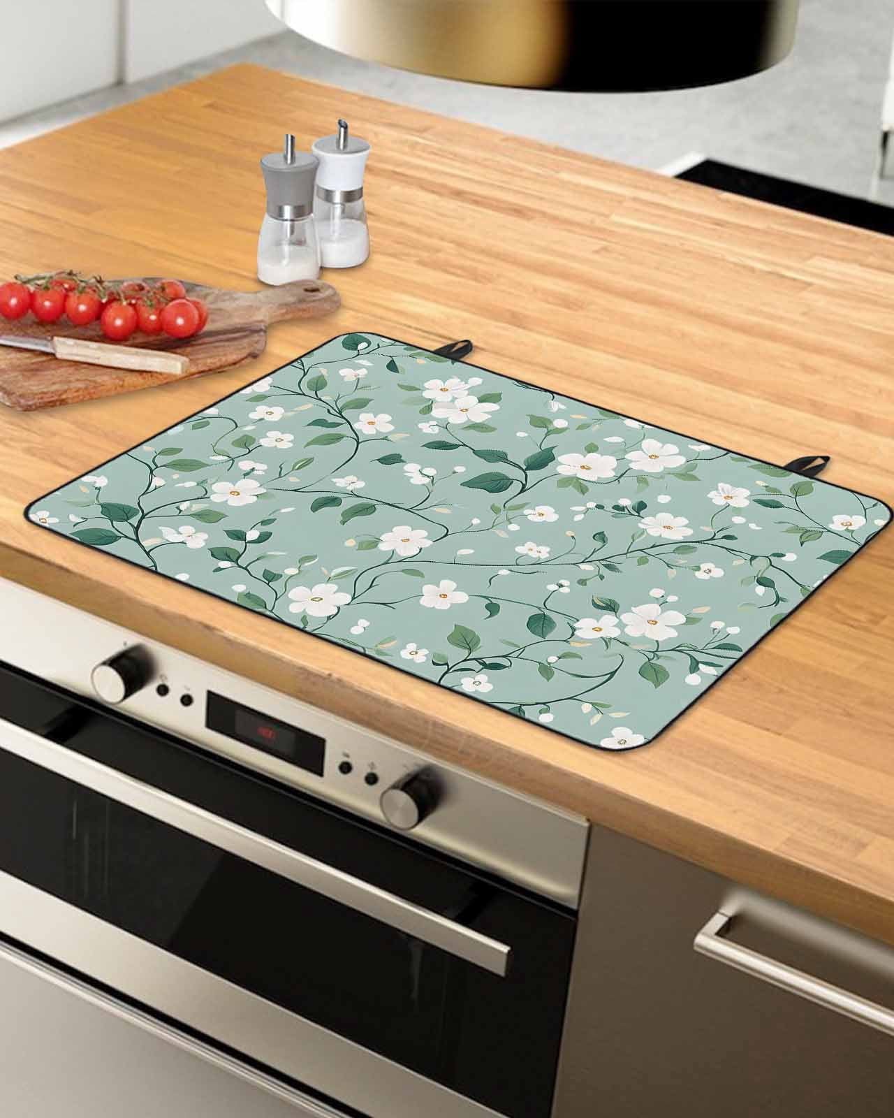 nqOlkjepod Large Induction Cooktop Protector Mat 24"x21", White Teal Spring Floral Stove Top Covers for Electric Stove, Watercolor Flowers Summer Botanical Stove Burner Cover Mats Stove Cover