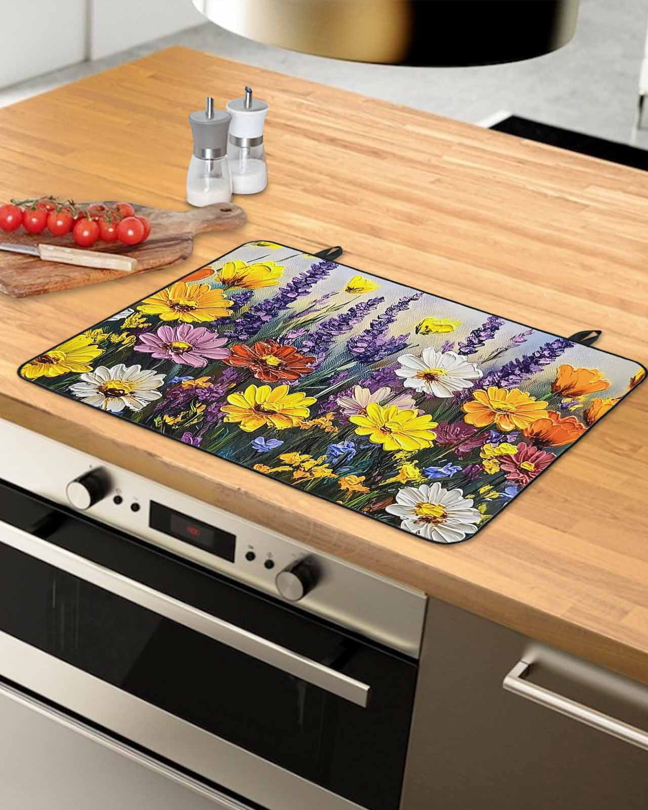 nqOlkjepod Large Induction Cooktop Protector Mat 24"x21", Wildflowers Botanical Stove Top Covers for Electric Stove, Oil Painting Pastoral Flowers Stove Burner Cover Mats, Glass Top Stove Cover