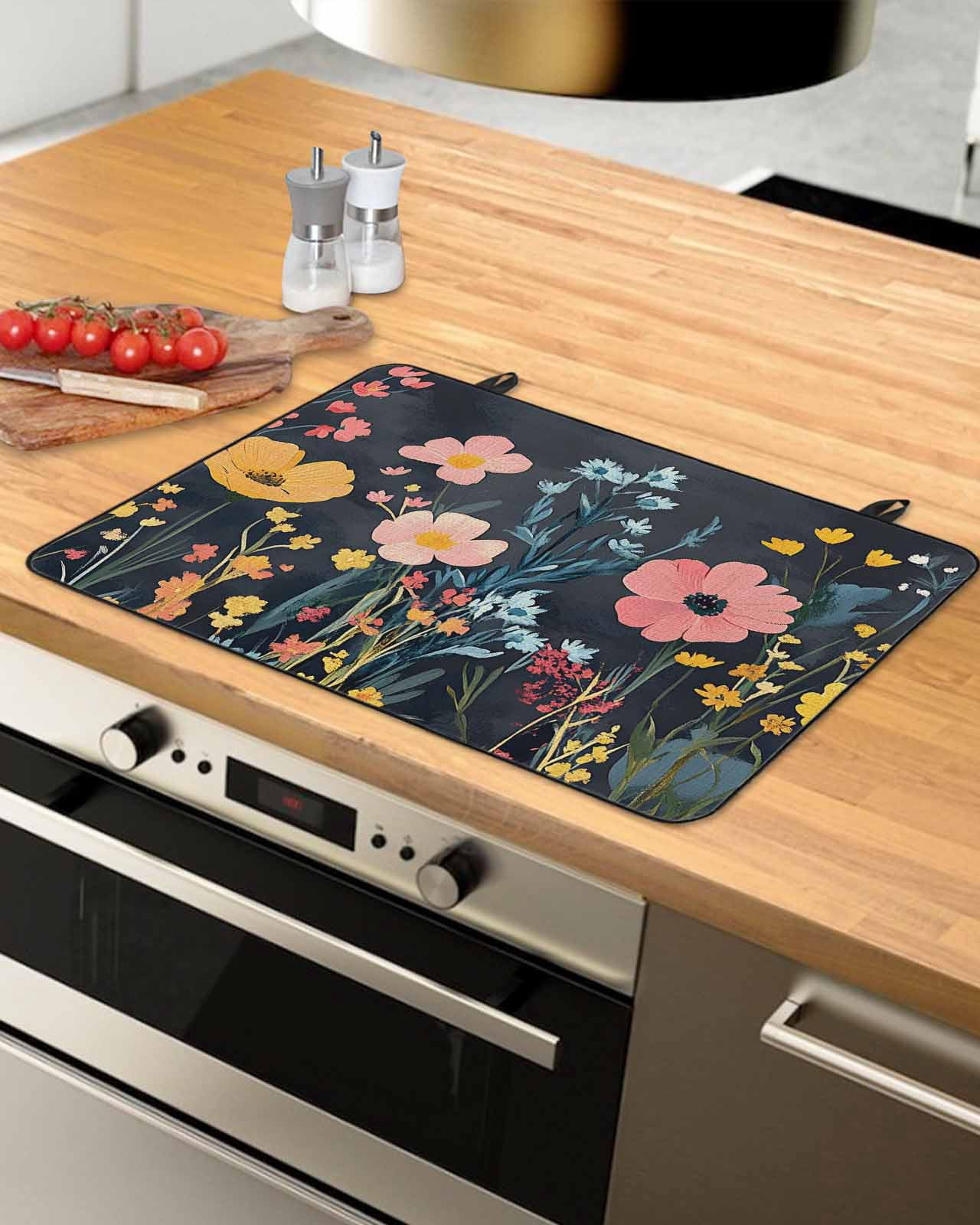 nqOlkjepod Large Induction Cooktop Protector Mat 24"x21", Wildflowers Stove Top Covers for Electric Stove, Spring Botanical Pastoral Summer Flowers Stove Burner Cover Mats, Glass Top Stove Cover