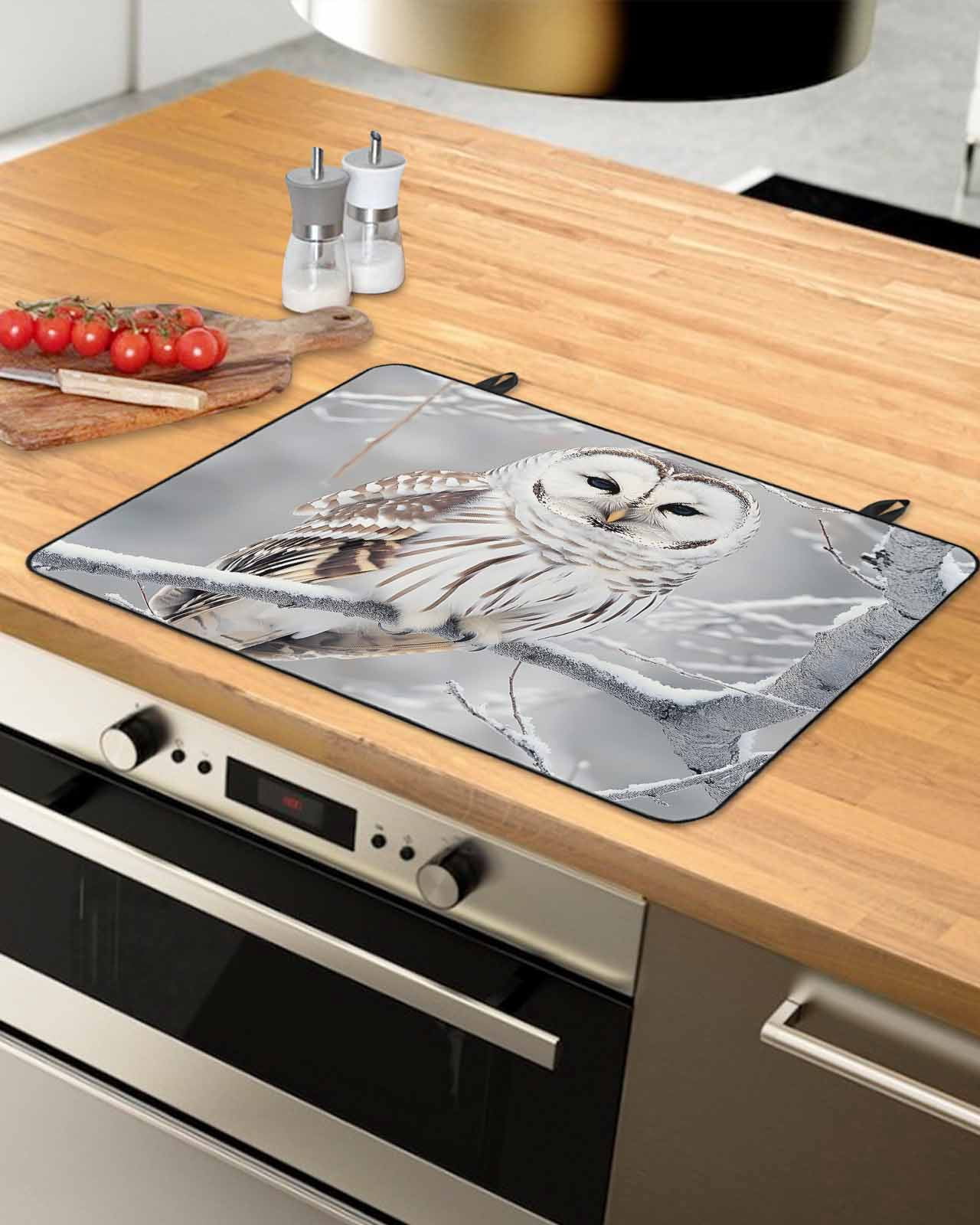 nqOlkjepod Large Induction Cooktop Protector Mat 24"x21", Winter Owl Stove Top Covers for Electric Stove, Country Birds Animal Tree Branches Snow Stove Burner Cover Mats, Glass Top Stove Cover