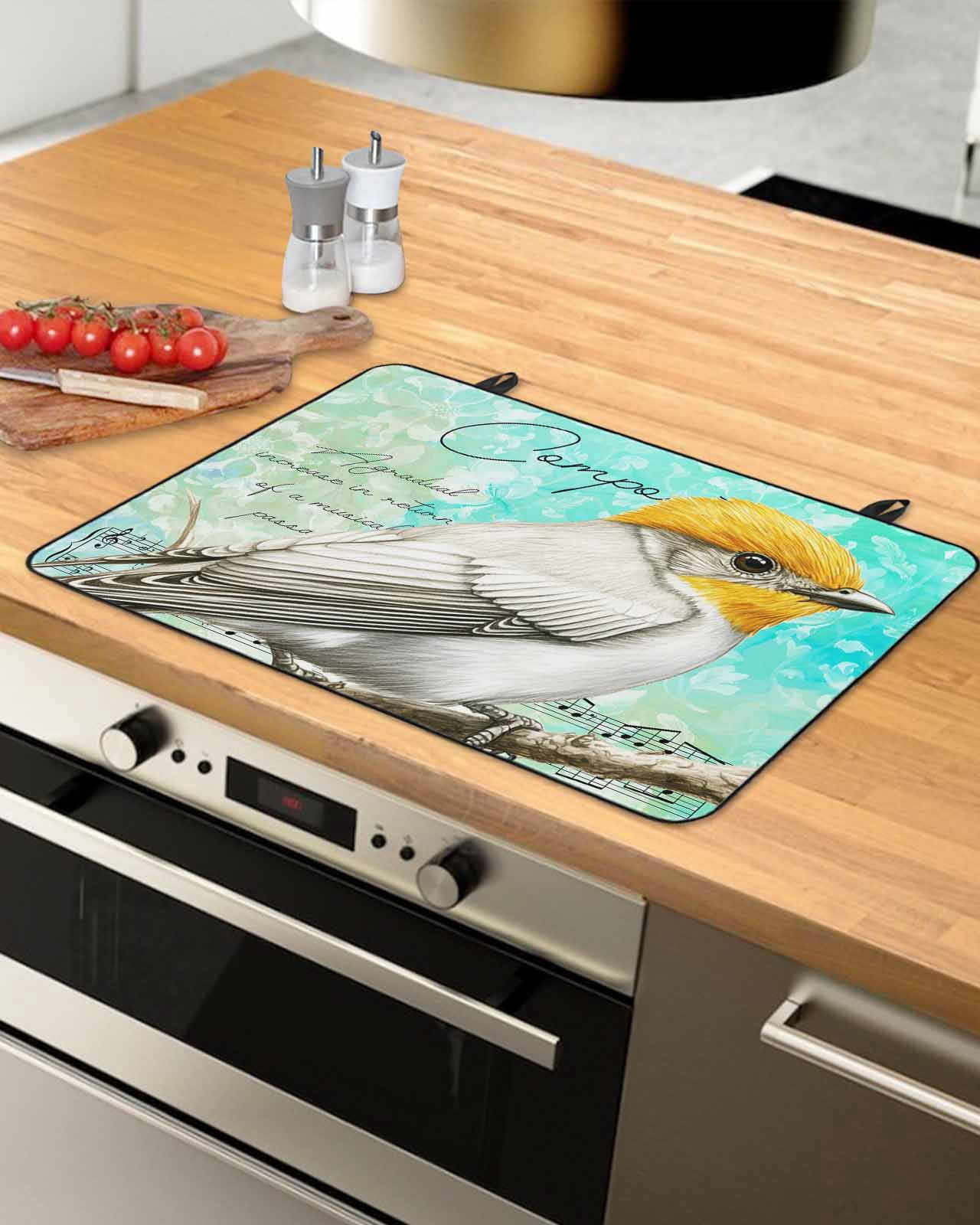 nqOlkjepod Large Induction Cooktop Protector Mat 24"x21", Yellow Bird Stove Top Covers for Electric Stove, Music Farmhouse Animals Country Teal Stove Burner Cover Mats, Glass Top Stove Cover