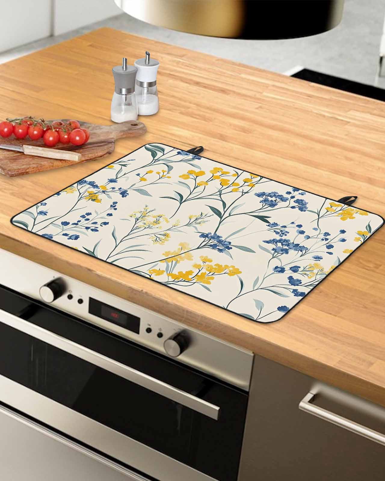 nqOlkjepod Large Induction Cooktop Protector Mat 24"x21", Yellow Blue Flowers Stove Top Covers for Electric Stove, Watercolor Botanical Floral Plants Stove Burner Cover Mats, Glass Top Stove Cover