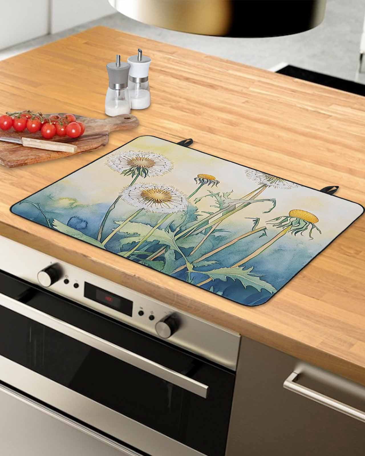nqOlkjepod Large Induction Cooktop Protector Mat 24"x21", Yellow Blue Ombre Floral Stove Top Covers for Electric Stove, Watercolor Flowers Retro Stove Burner Cover Mats, Glass Top Stove Cover