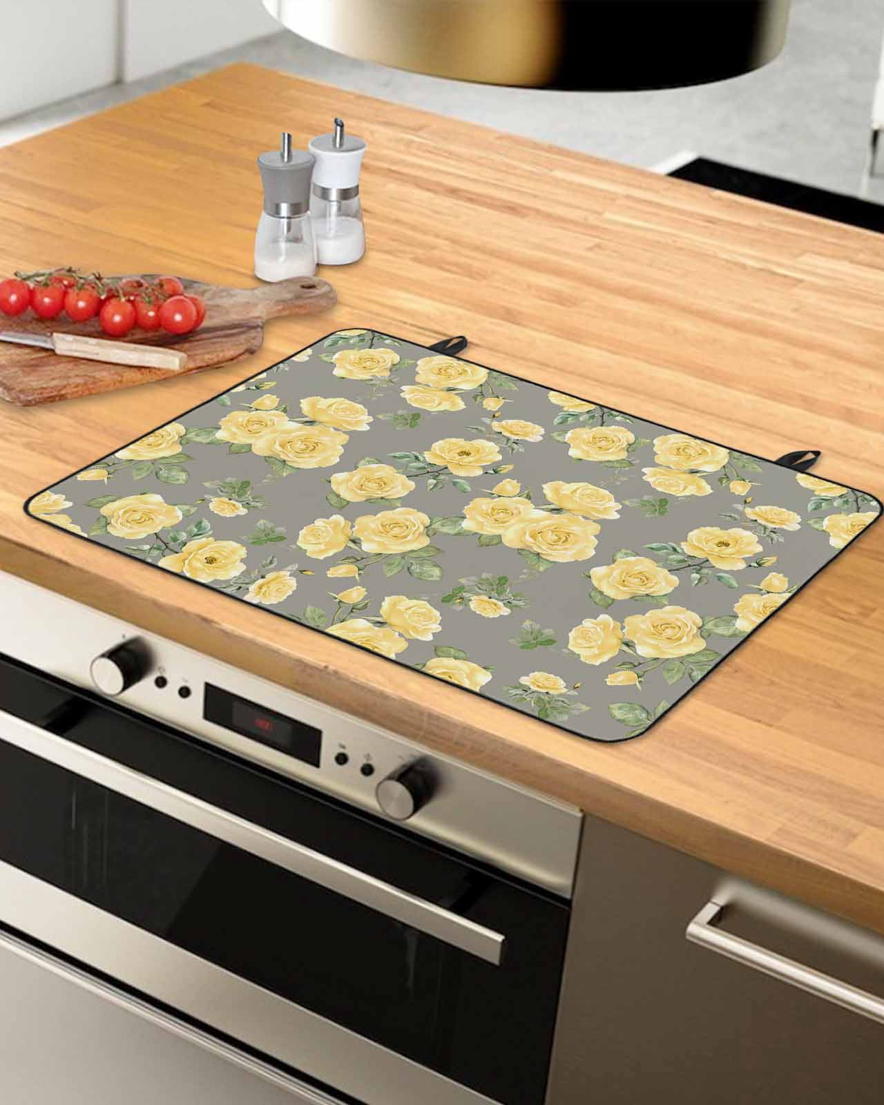 nqOlkjepod Large Induction Cooktop Protector Mat 24"x21", Yellow Floral Stove Top Covers for Electric Stove, Farmhouse Garden Flowers Botanical Stove Burner Cover Mats, Glass Top Stove Cover