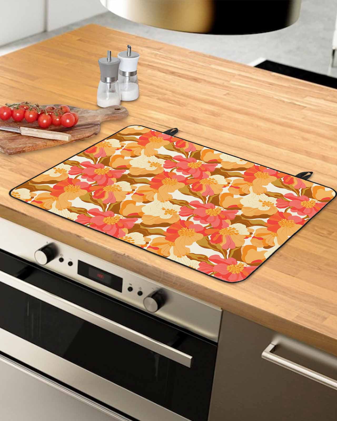 nqOlkjepod Large Induction Cooktop Protector Mat 24"x21", Yellow Flowers Stove Top Covers for Electric Stove, Orange Botanical Floral Country Retro Stove Burner Cover Mats, Glass Top Stove Cover
