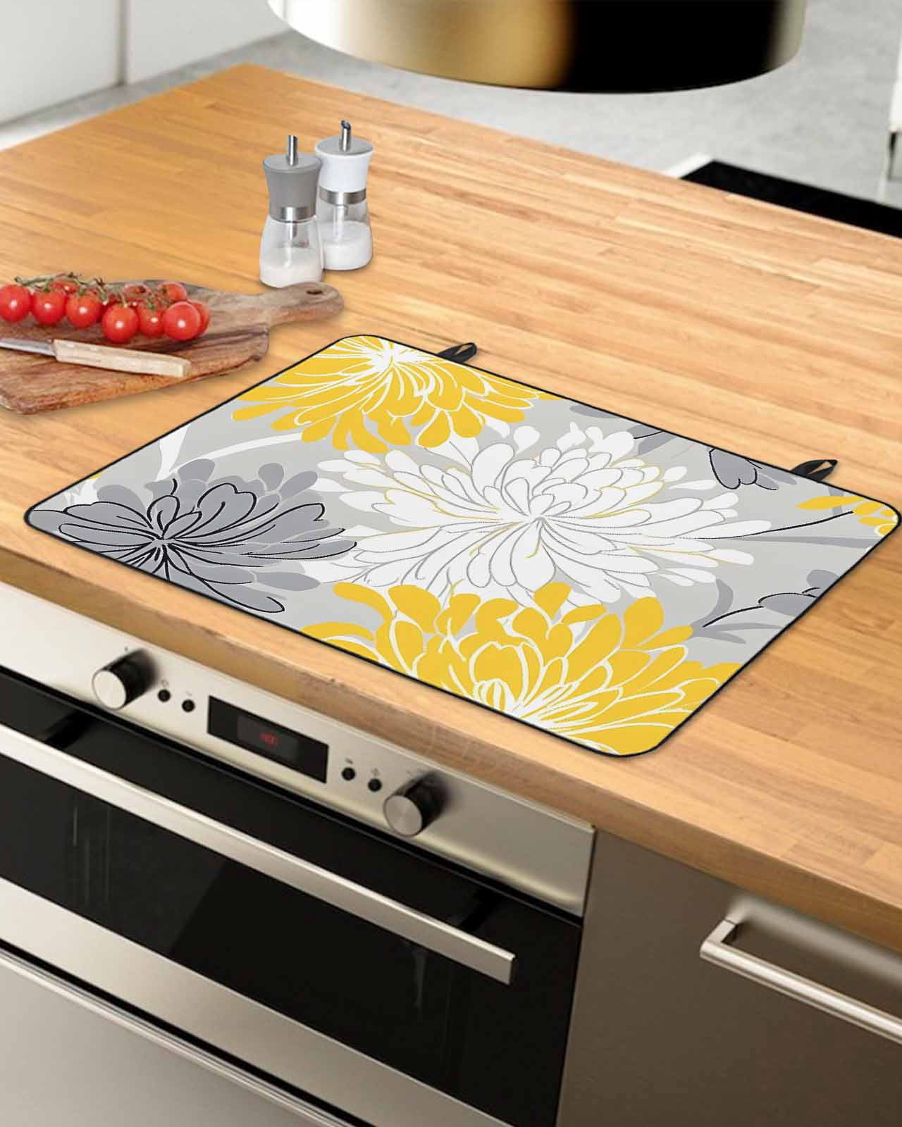 nqOlkjepod Large Induction Cooktop Protector Mat 24"x21", Yellow Flowers Stove Top Covers for Electric Stove, Retro Country Pastoral Garden Florals Stove Burner Cover Mats, Glass Top Stove Cover