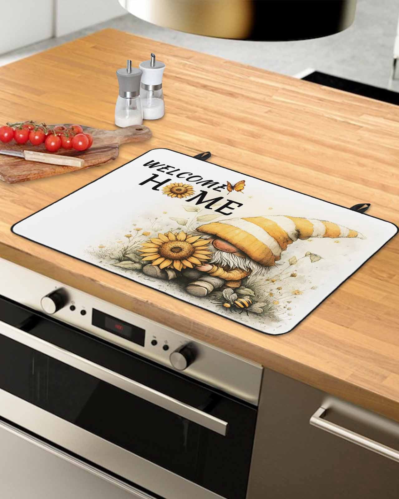 nqOlkjepod Large Induction Cooktop Protector Mat 24"x21", Yellow Gnomes Stove Top Covers for Electric Stove, Sunflower Bee Pastoral Botanical Retro Stove Burner Cover Mats, Glass Top Stove Cover