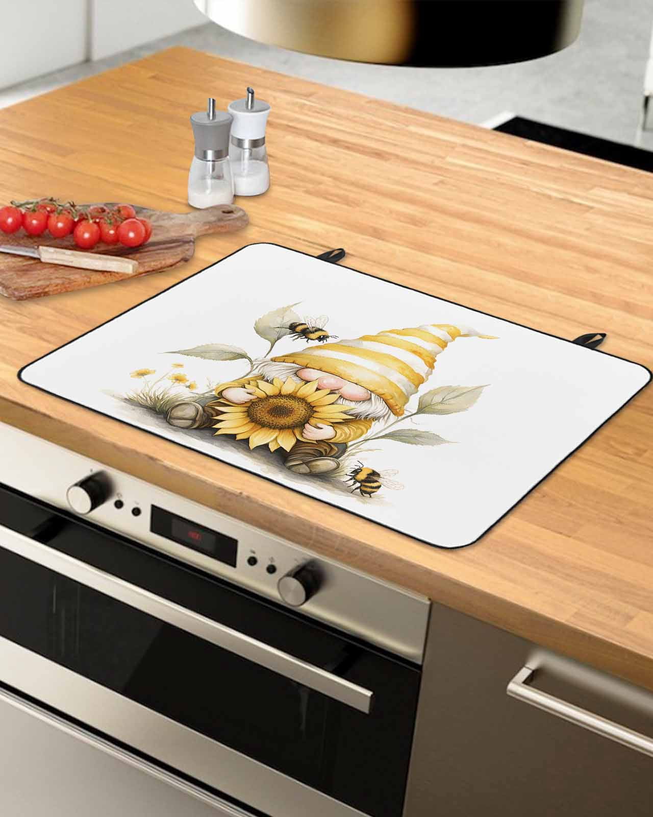 nqOlkjepod Large Induction Cooktop Protector Mat 24"x21", Yellow Gnomes Stove Top Covers for Electric Stove, Sunflower Bee Vintage Abstract Artwork Stove Burner Cover Mats, Glass Top Stove Cover