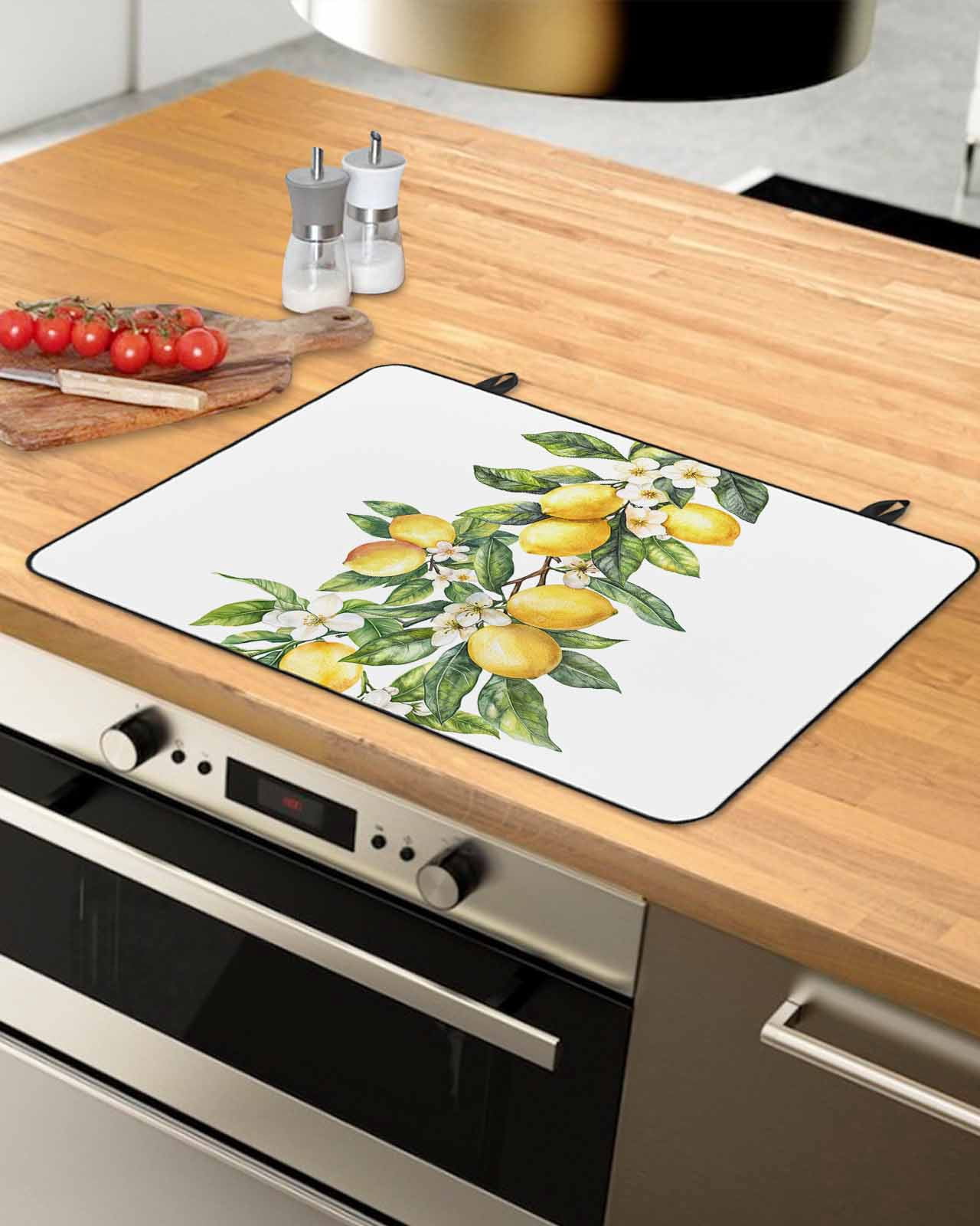 nqOlkjepod Large Induction Cooktop Protector Mat 24"x21", Yellow Lemon Stove Top Covers for Electric Stove, Simple Spring Botanical Fruit Leaves Flower Stove Burner Cover Mats, Glass Top Stove Cover
