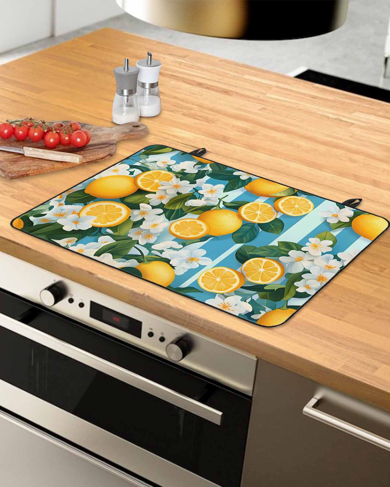 nqOlkjepod Large Induction Cooktop Protector Mat 24"x21", Yellow Lemon Stove Top Covers for Electric Stove, Summer Fruit Floral Blue Stripe Watercolor Stove Burner Cover Mats, Glass Top Stove Cover