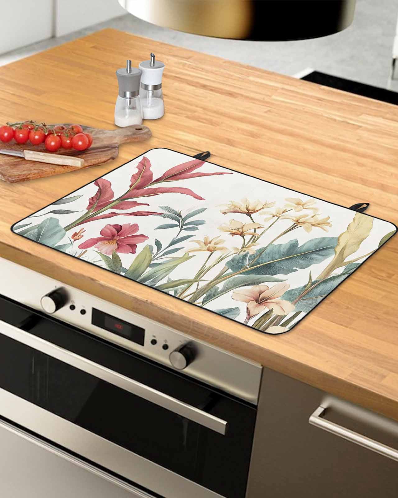 nqOlkjepod Large Induction Cooktop Protector Mat 24"x21", Yellow Red Floral Stove Top Covers for Electric Stove, Tropical Leaves Vintage Decorative Stove Burner Cover Mats, Glass Top Stove Cover