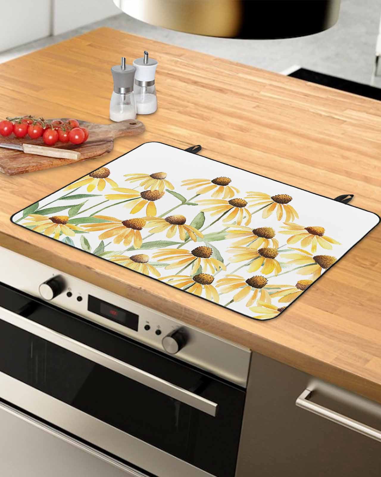 nqOlkjepod Large Induction Cooktop Protector Mat 24"x21", Yellow Spring Floral Stove Top Covers for Electric Stove, Watercolor Elegant Botanical Stove Burner Cover Mats, Glass Top Stove Cover