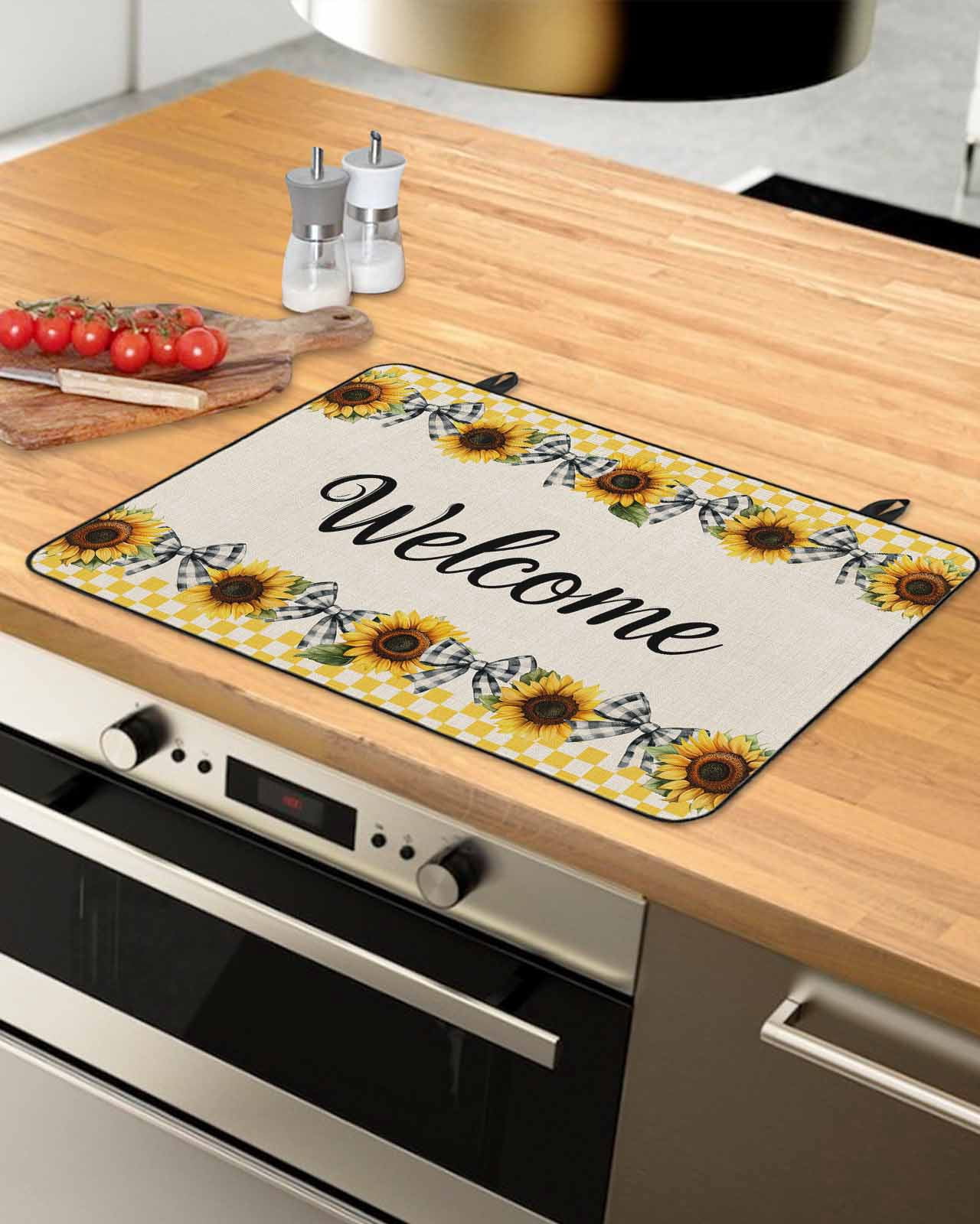 nqOlkjepod Large Induction Cooktop Protector Mat 24"x21", Yellow Sunflower Plaid Stove Top Covers for Electric Stove, Bows Beige Vintage Pastoral Stove Burner Cover Mats, Glass Top Stove Cover