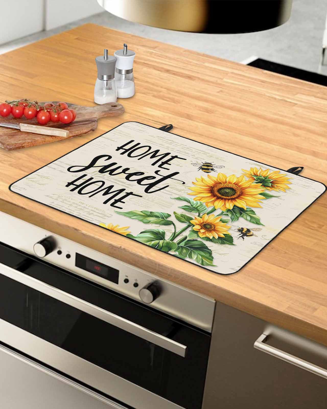 nqOlkjepod Large Induction Cooktop Protector Mat 24"x21", Yellow Sunflower Stove Top Covers for Electric Stove, Bee Floral Farmhouse Country Retro Stove Burner Cover Mats, Glass Top Stove Cover