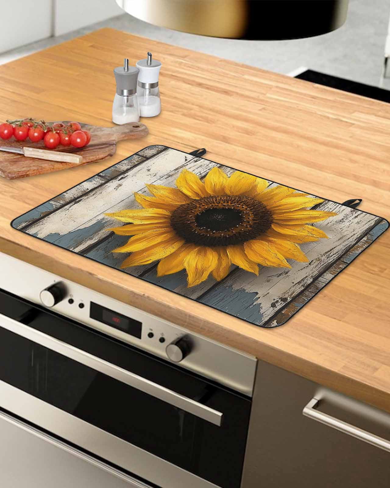 nqOlkjepod Large Induction Cooktop Protector Mat 24"x21", Yellow Sunflower Stove Top Covers for Electric Stove, Farmhouse Botanical Floral Wooden Stove Burner Cover Mats, Glass Top Stove Cover