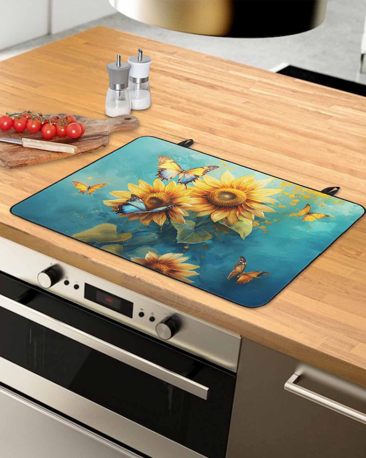 nqOlkjepod Large Induction Cooktop Protector Mat 24"x21", Yellow Sunflower Stove Top Covers for Electric Stove, Spring Butterfly Teal Abstract Vintage Stove Burner Cover Mats, Glass Top Stove Cover