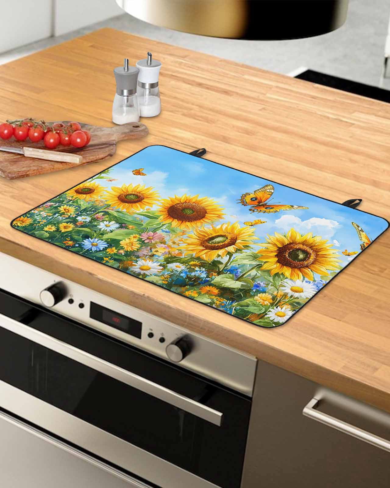 nqOlkjepod Large Induction Cooktop Protector Mat 24"x21", Yellow Sunflower Stove Top Covers for Electric Stove, Spring Floral Leaves Butterfly Pastoral Stove Burner Cover Mats, Glass Top Stove Cover