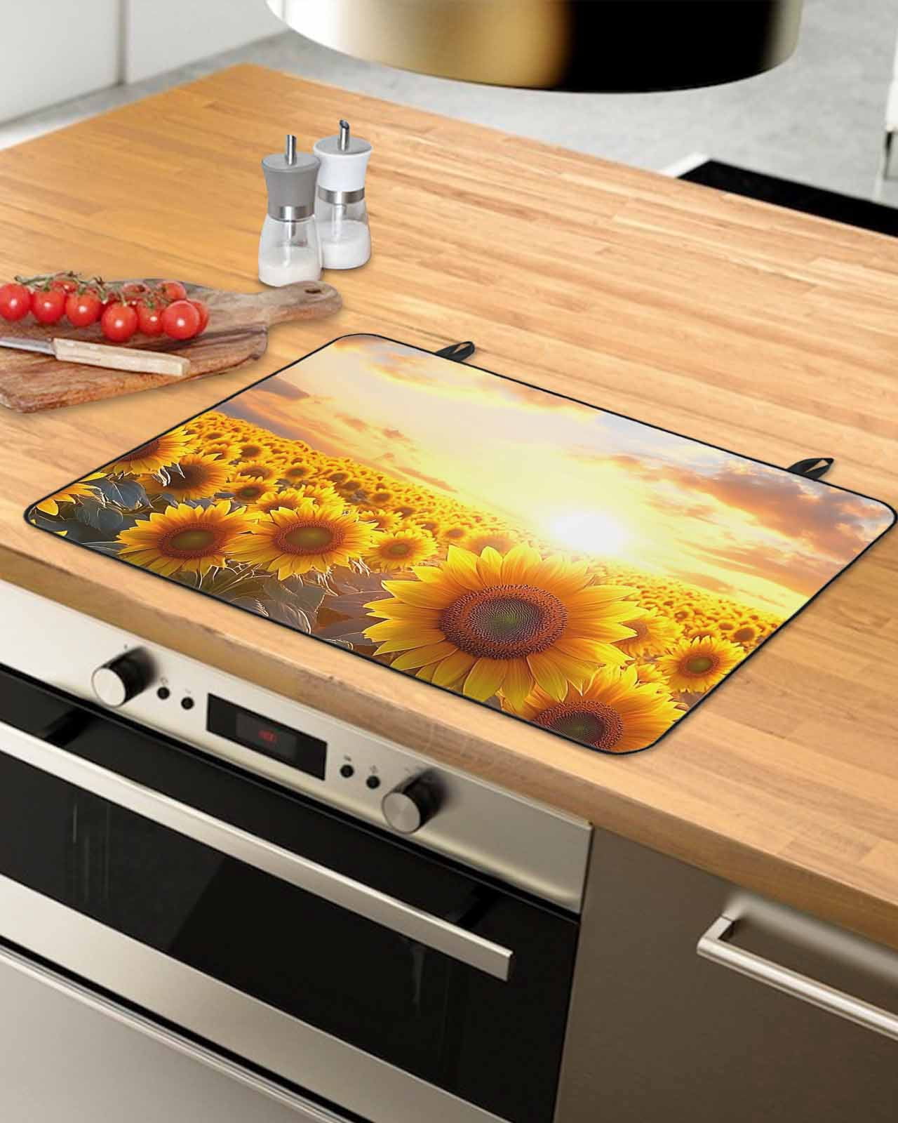 nqOlkjepod Large Induction Cooktop Protector Mat 24"x21", Yellow Sunflowers Stove Top Covers for Electric Stove, Botanical Sunset Natural Scenery Stove Burner Cover Mats, Glass Top Stove Cover