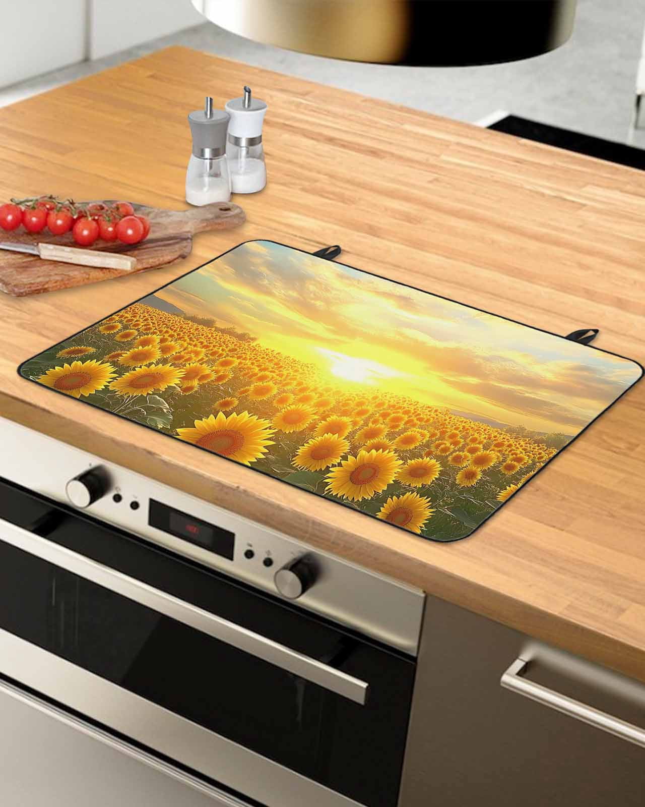 nqOlkjepod Large Induction Cooktop Protector Mat 24"x21", Yellow Sunflowers Stove Top Covers for Electric Stove, Farmhouse Botanical Floral Sunset Stove Burner Cover Mats, Glass Top Stove Cover