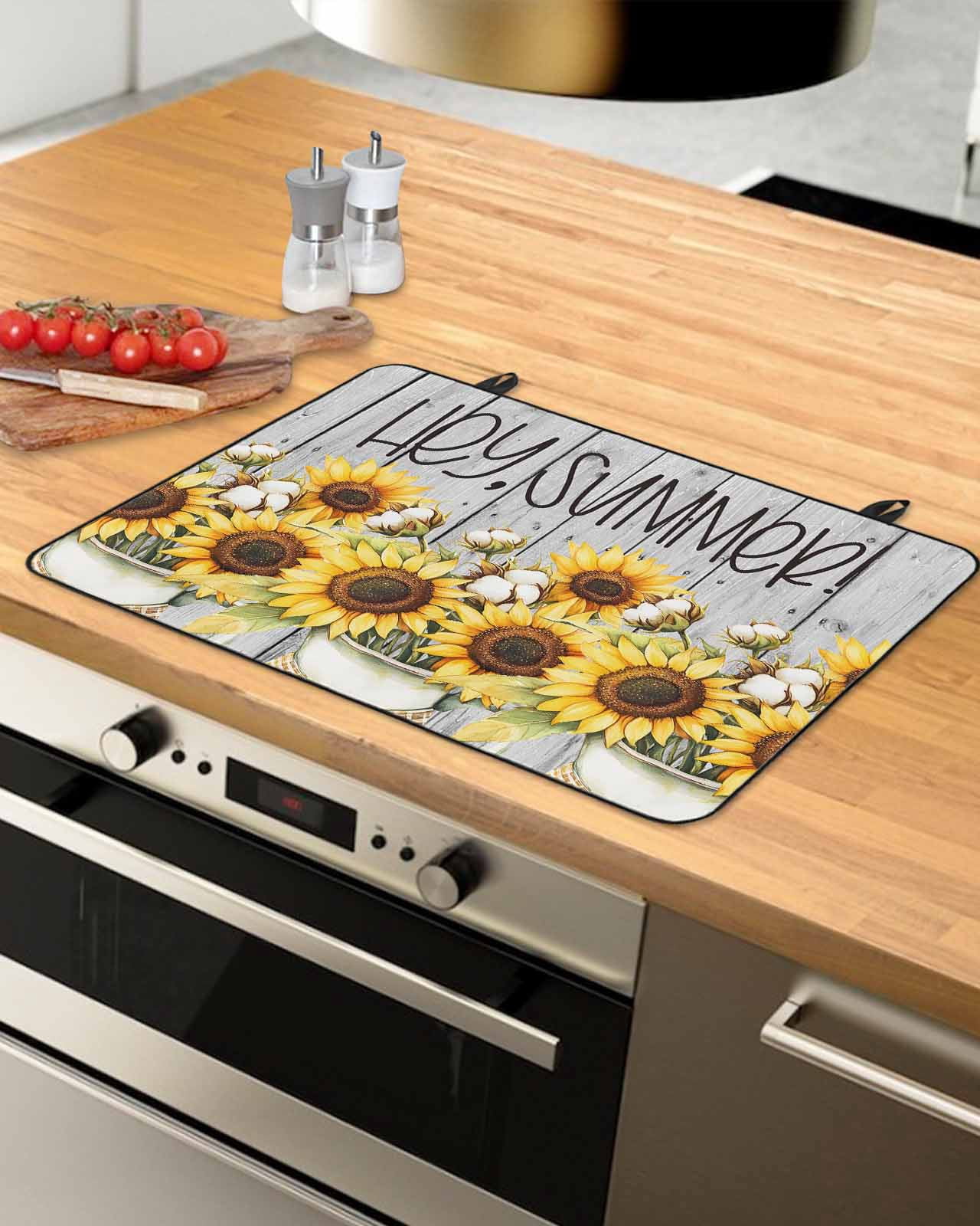 nqOlkjepod Large Induction Cooktop Protector Mat 24"x21", Yellow Sunflowers Stove Top Covers for Electric Stove, Farmhouse Summer Floral Wooden Grain Stove Burner Cover Mats, Glass Top Stove Cover