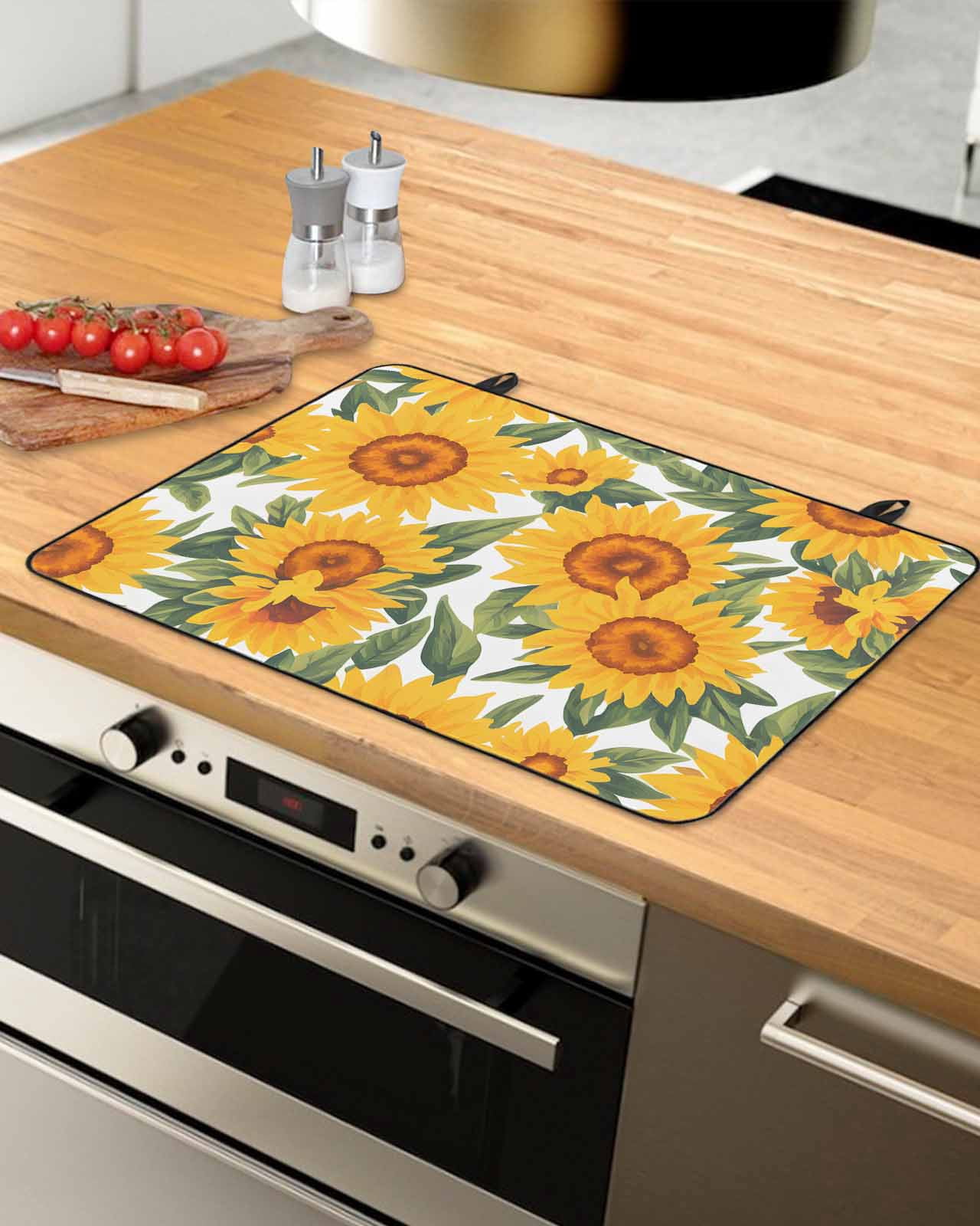nqOlkjepod Large Induction Cooktop Protector Mat 24"x21", Yellow Sunflowers Stove Top Covers for Electric Stove, Funny Summer Botanical Flowers Leaves Stove Burner Cover Mats, Glass Top Stove Cover